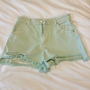 Light Green Women's Frayed Denim Shorts